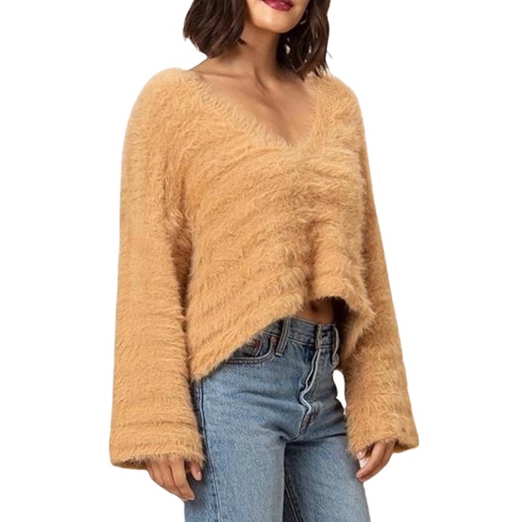 dee elly cropped vneck fuzzy sweater with bell sleeves - Picture 5 of 14